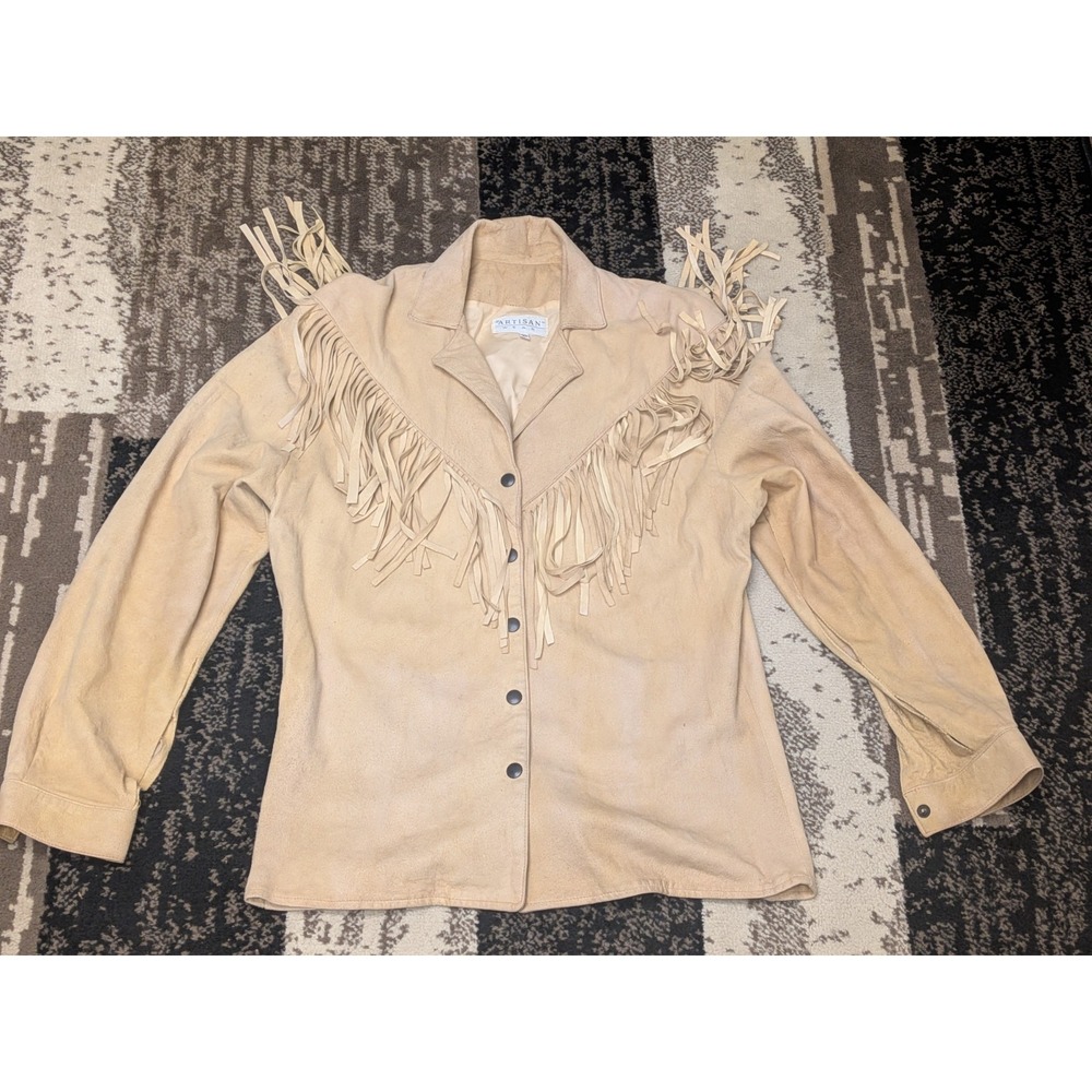 Vintage Artisan Wear Suede Leather Fringe Jacket Womens 10 Western Cowgirl Tan